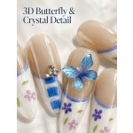 Blue Plaid 3D Butterfly Press‑On Nails, Fresh Medium‑Long Almond False Nails With French Floral Pattern